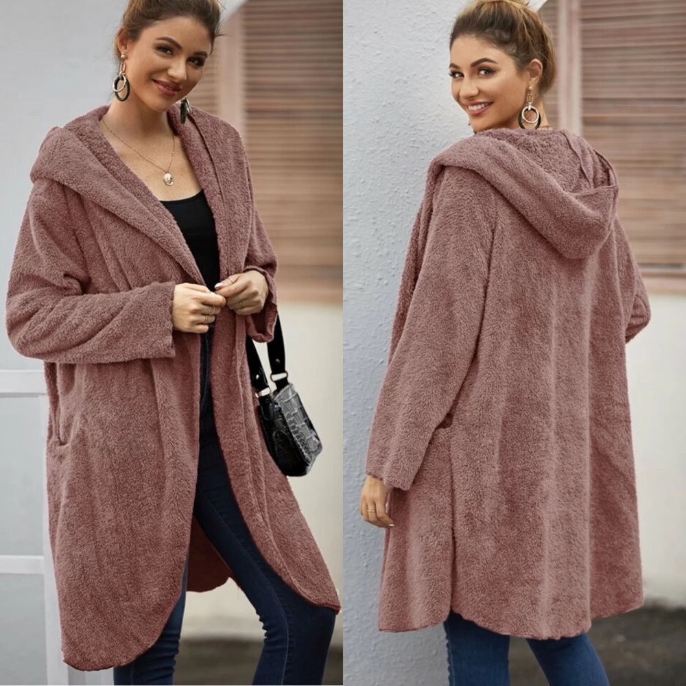 Gray Hooded long teddy coat jacket faux fur soft - Picture 5 of 6